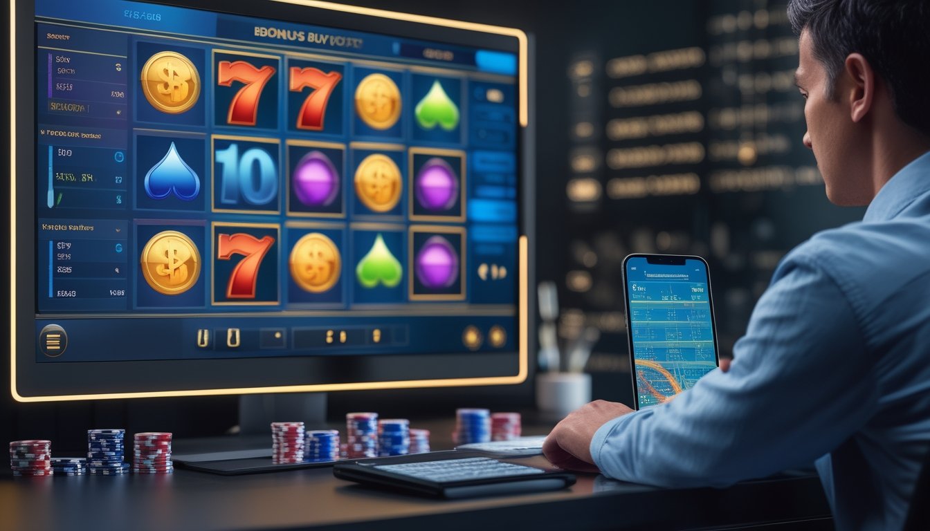 Seorang pemain menganalisis permainan slot digital dengan kalkulator, koin, dan catatan kosong di depannya.