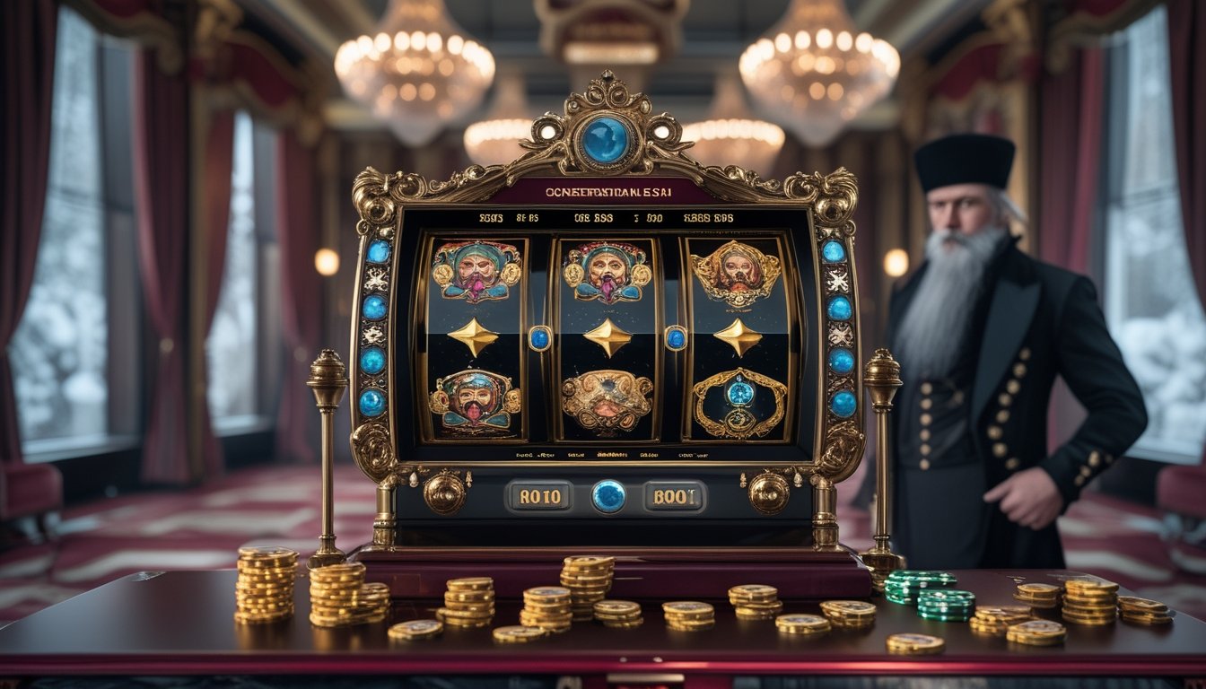 Mesin slot mewah berlatar ruang bergaya kekaisaran Rusia dengan koin, chip, dan sosok pria berjanggut.