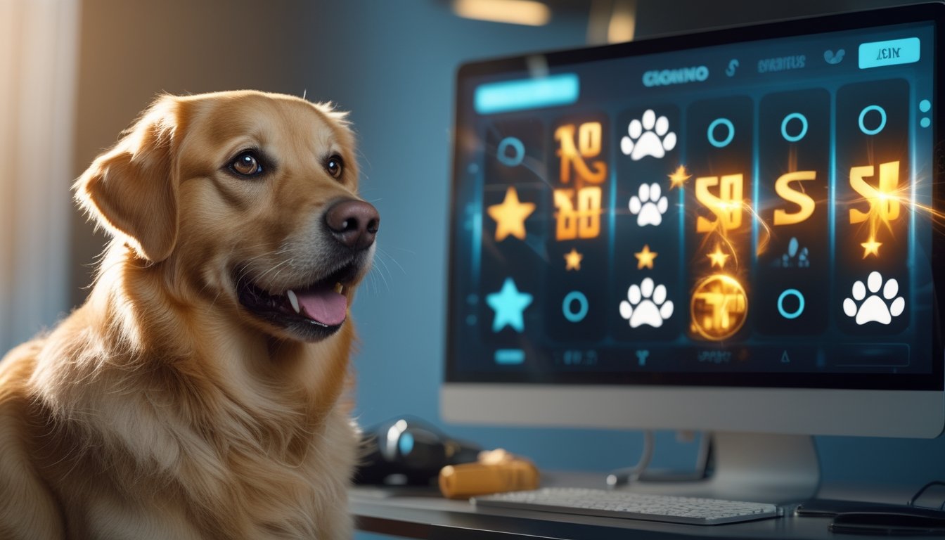 Anjing golden retriever duduk di samping monitor permainan dengan efek cahaya emas dan simbol permainan berwarna-warni.