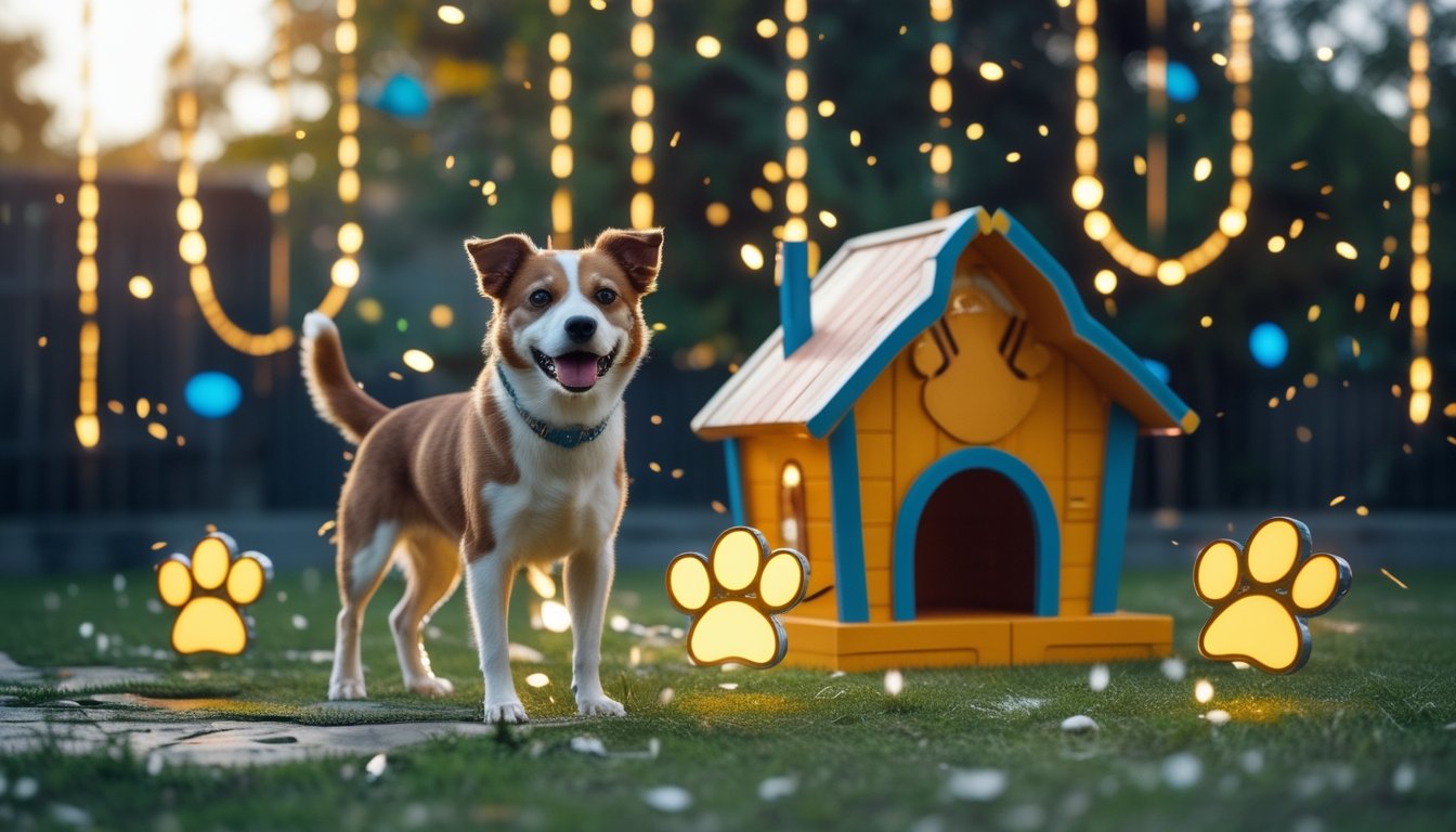 Anjing berdiri di samping rumah anjing berwarna-warni dengan simbol kaki bercahaya dan efek pengganda emas.