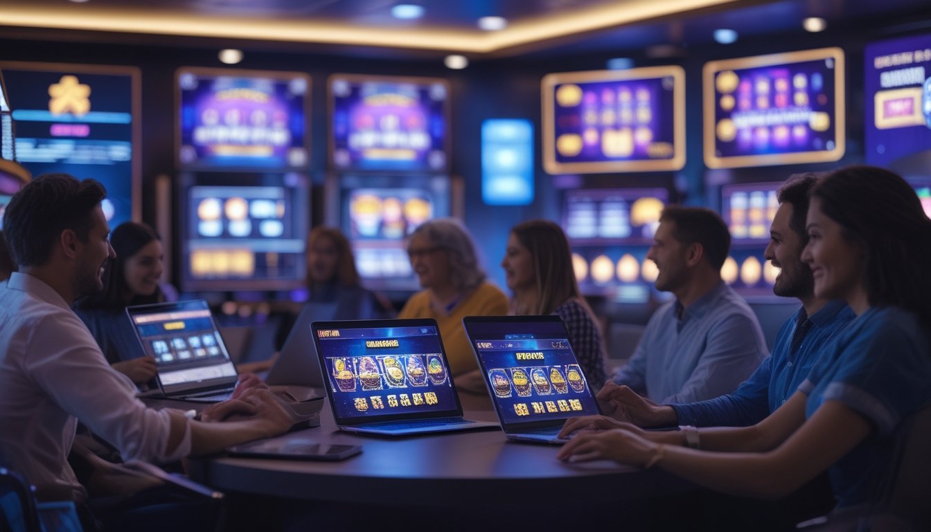 Sekelompok pemain dewasa menikmati permainan slot digital berwarna-warni menggunakan laptop, tablet, dan ponsel di ruang modern.