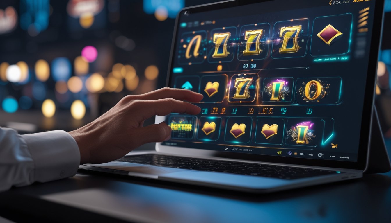 Seseorang memainkan permainan slot digital dengan gulungan dinamis pada perangkat modern di lingkungan kasino.