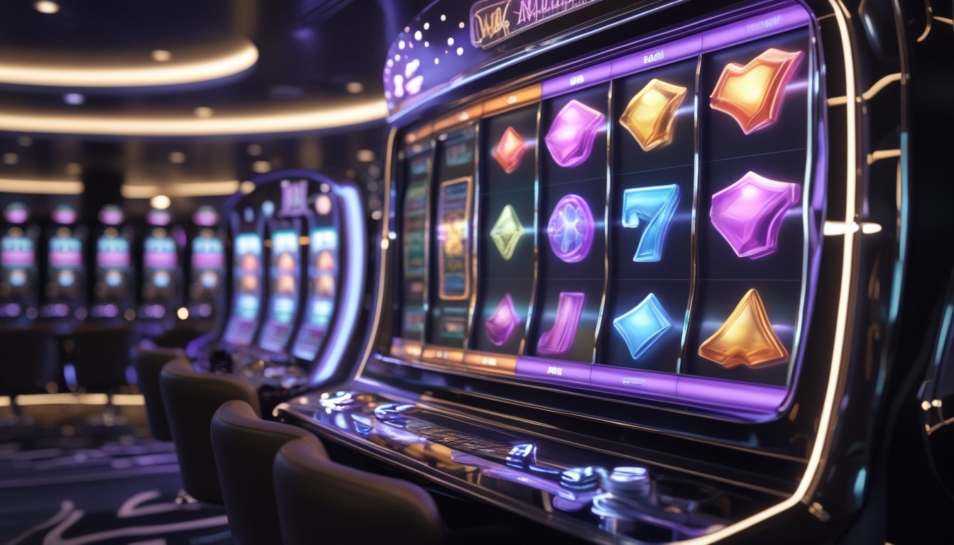 Mesin slot digital bercahaya di lounge permainan modern dengan nuansa emas, ungu, dan biru.