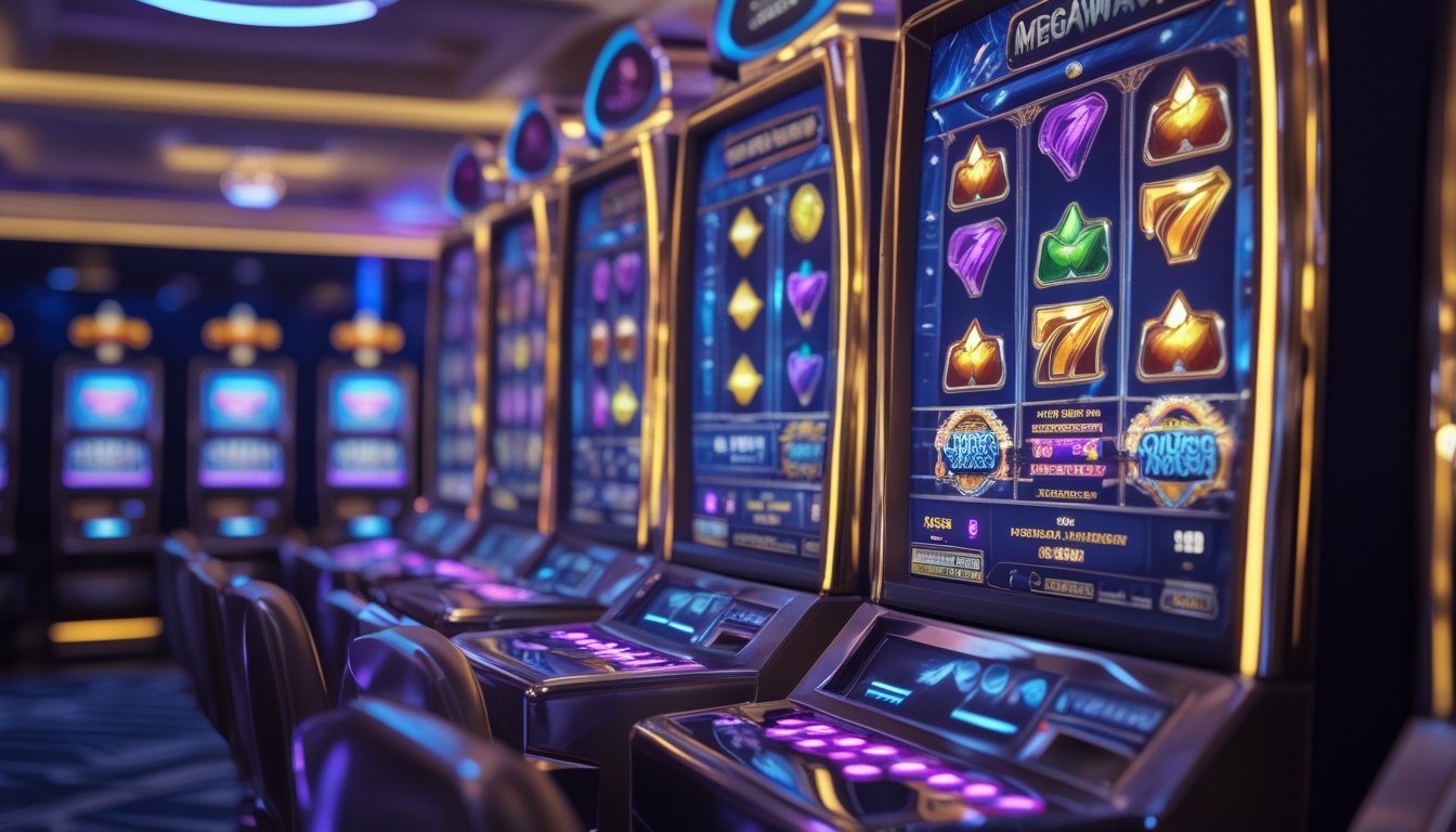 Deretan mesin slot modern dengan layar berwarna-warni dalam suasana kasino yang elegan.