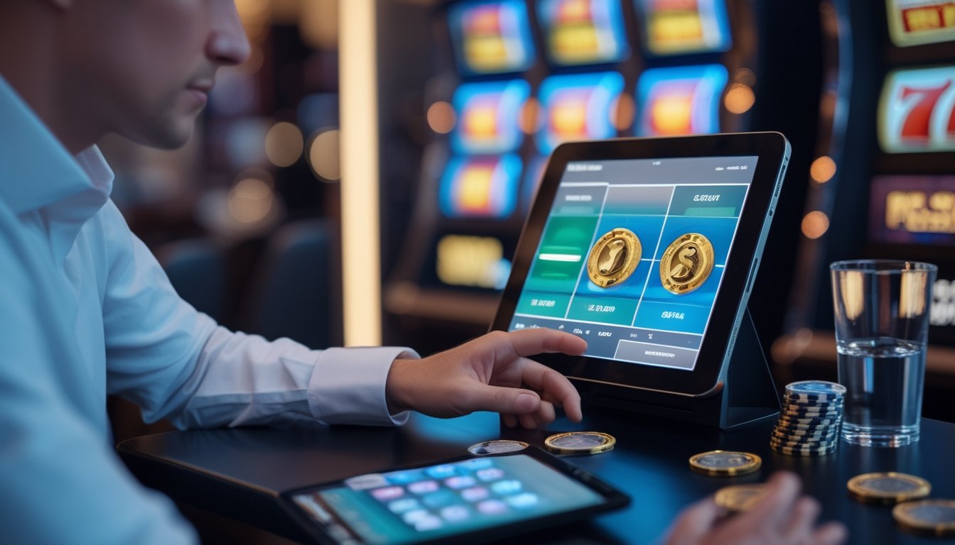 Seorang pemain duduk tenang di depan mesin slot sambil mengatur koin dan anggaran dengan kalkulator.