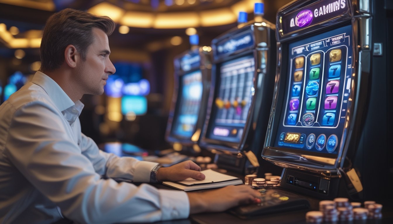 Seorang pemain dewasa mengamati mesin slot dengan tenang sambil mengatur token dan mencatat anggaran.