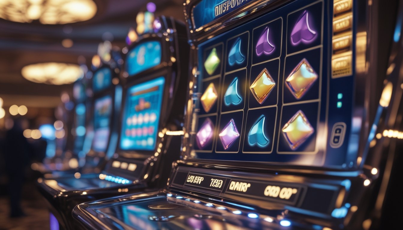 Mesin slot modern dengan simbol warna-warni, kilauan permata, dan jalur cahaya di lingkungan kasino.