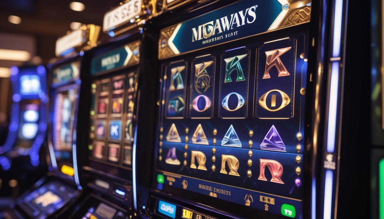 Mesin slot modern bercahaya menampilkan pola gulungan warna-warni dalam suasana kasino yang elegan.