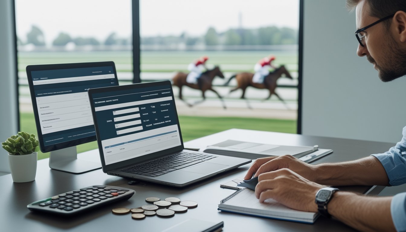 Seseorang mengatur anggaran taruhan pacuan kuda secara hati-hati di meja kerja dengan kalkulator, koin, dan laptop.