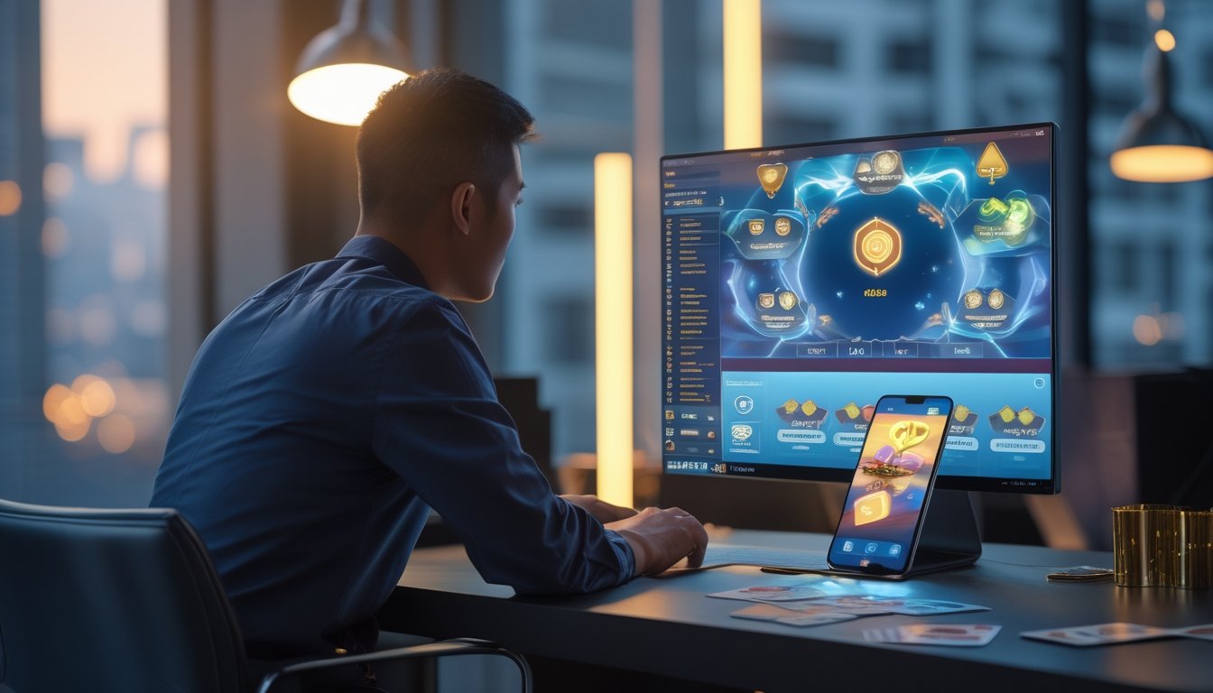 Seorang pemain dewasa melihat laptop dan ponsel di meja dengan kartu permainan serta elemen pembayaran digital.