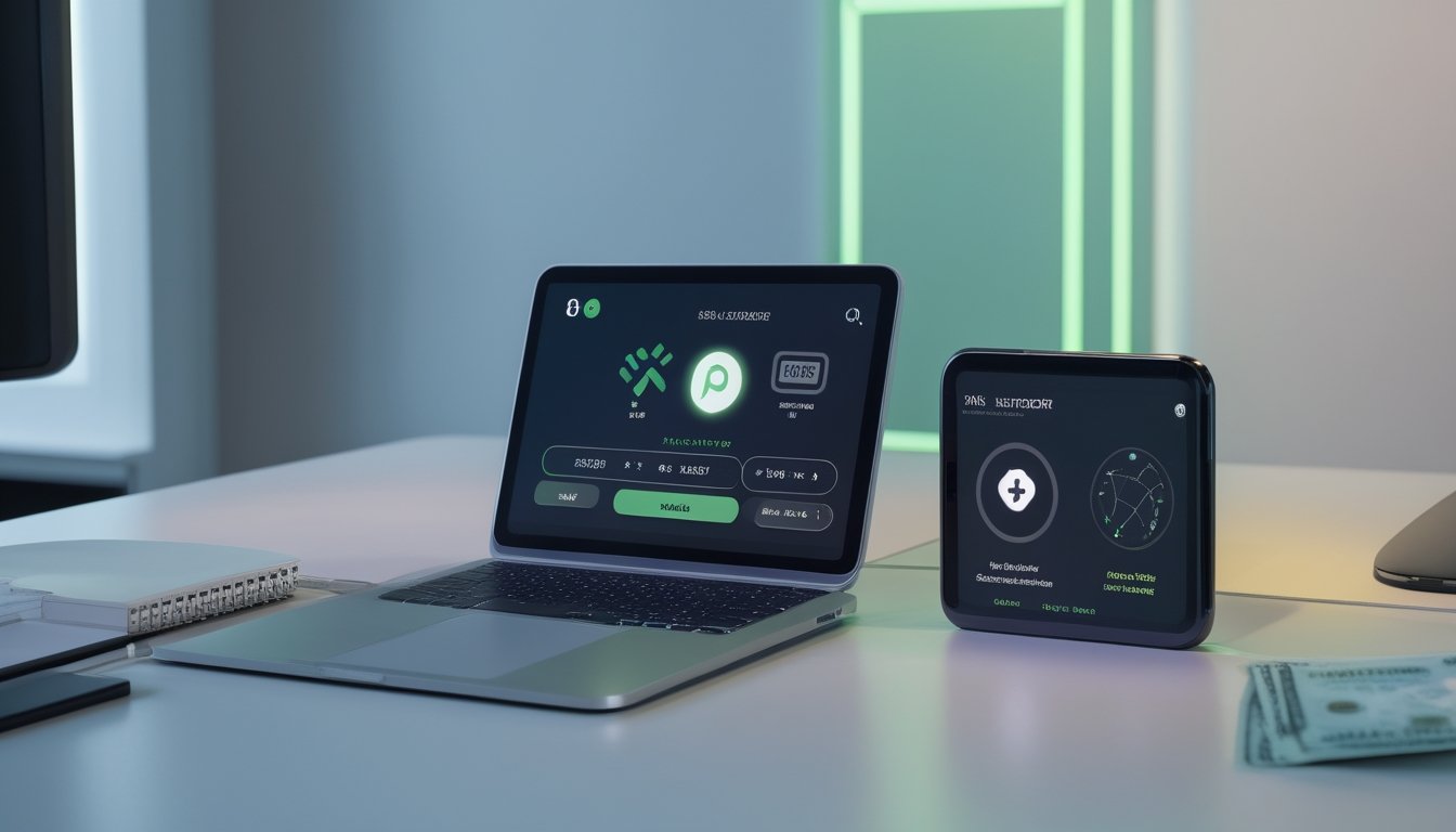 Dua ponsel menampilkan konsep transaksi digital dan permainan kartu abstrak di atas meja kerja.
