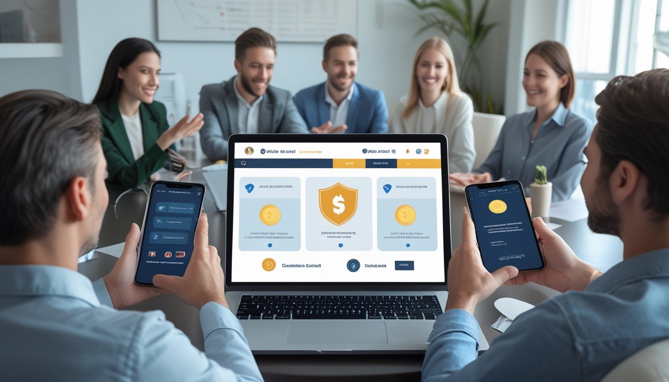 Sekelompok orang dewasa menggunakan laptop dan ponsel untuk mengakses platform permainan kartu digital yang aman dan modern.