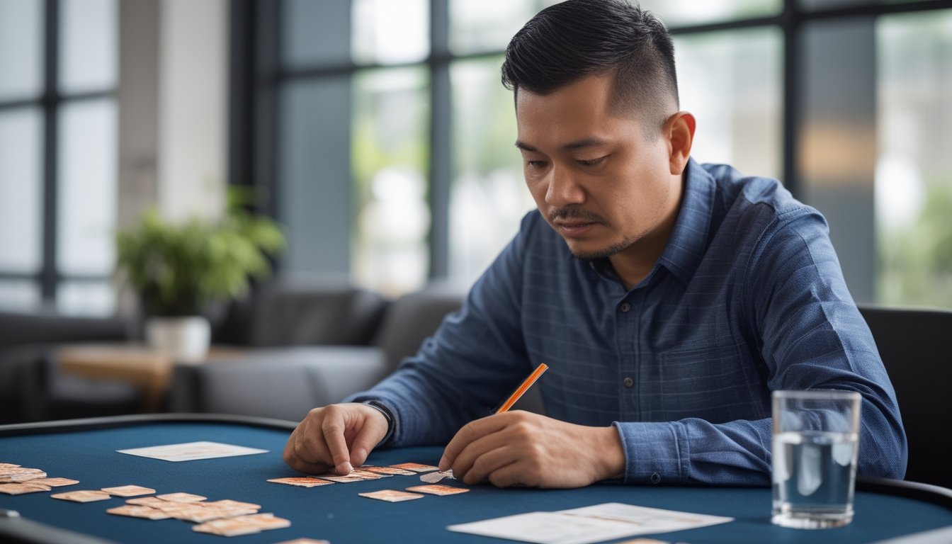 Seorang pemain dewasa meninjau kartu dan token permainan dengan tenang sambil mencatat rencana pengelolaan risiko.