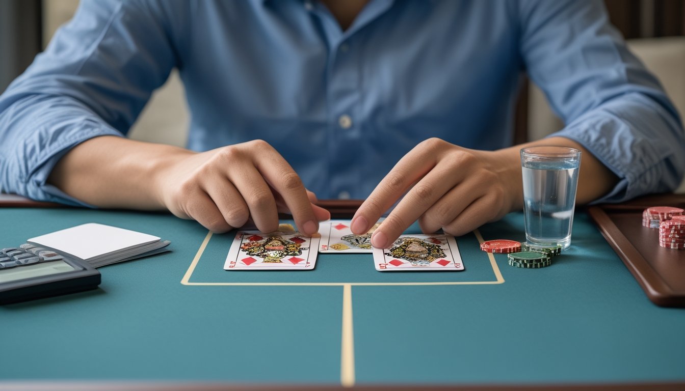 Seorang pemain dewasa meninjau kartu dan sejumlah kecil chip dengan sikap tenang dan penuh pertimbangan.