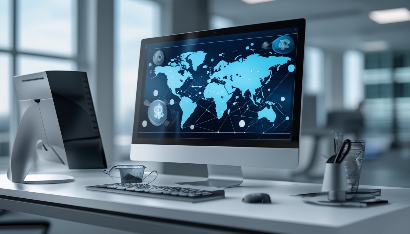 Perangkat komputer menampilkan antarmuka permainan kartu digital dengan simbol jaringan global di meja kerja modern.