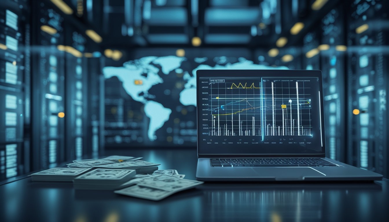 Ruang server modern dengan jaringan global dan meja kerja yang menampilkan suasana teknologi permainan kartu daring.