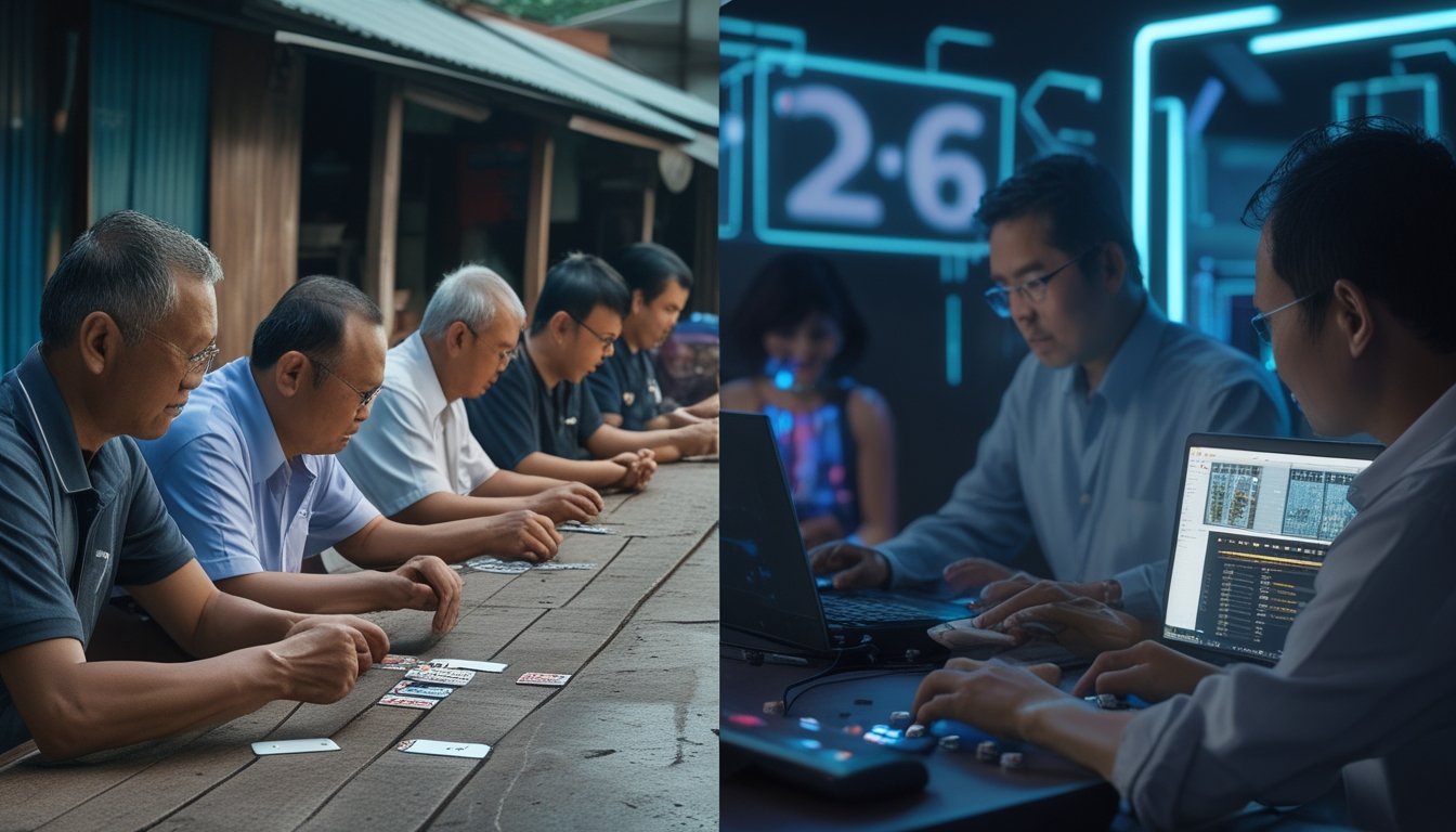 Perbandingan suasana permainan kartu tradisional bersama komunitas dan permainan kartu daring menggunakan laptop.