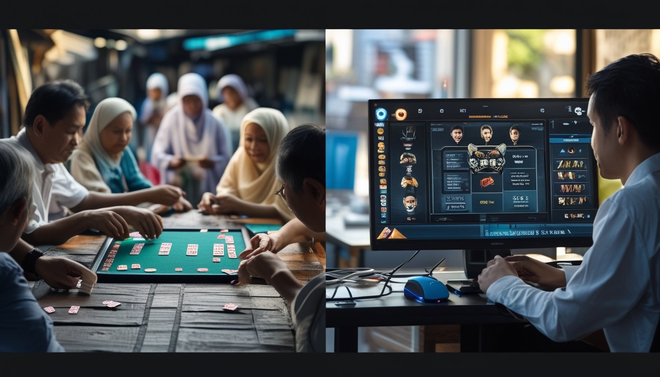 Dua orang dewasa memainkan permainan ceme secara langsung di meja, sementara seorang dewasa lain bermain versi daring menggunakan komputer.