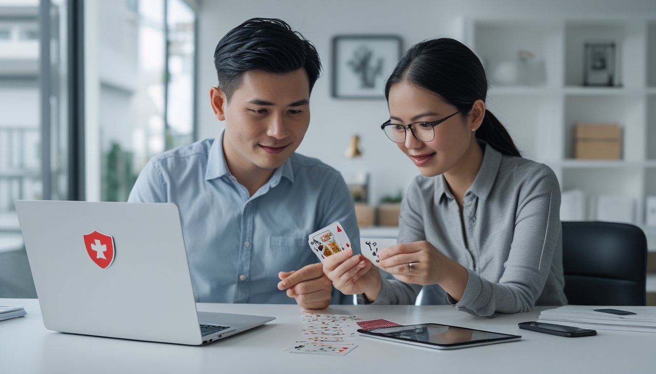 Dua orang dewasa Indonesia meninjau kartu dan informasi pada laptop serta tablet di ruang kerja modern.