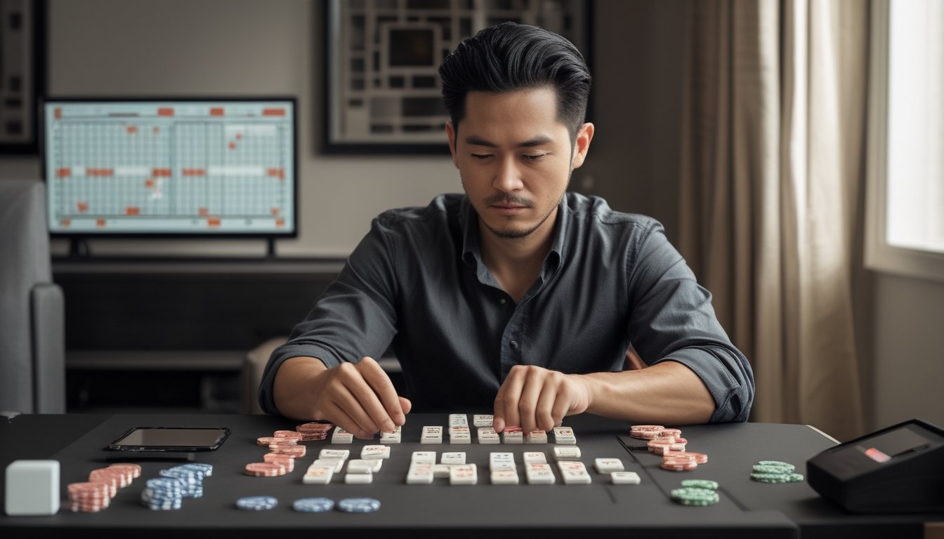 Seorang pemain fokus menganalisis kartu domino dan keping taruhan di meja permainan.