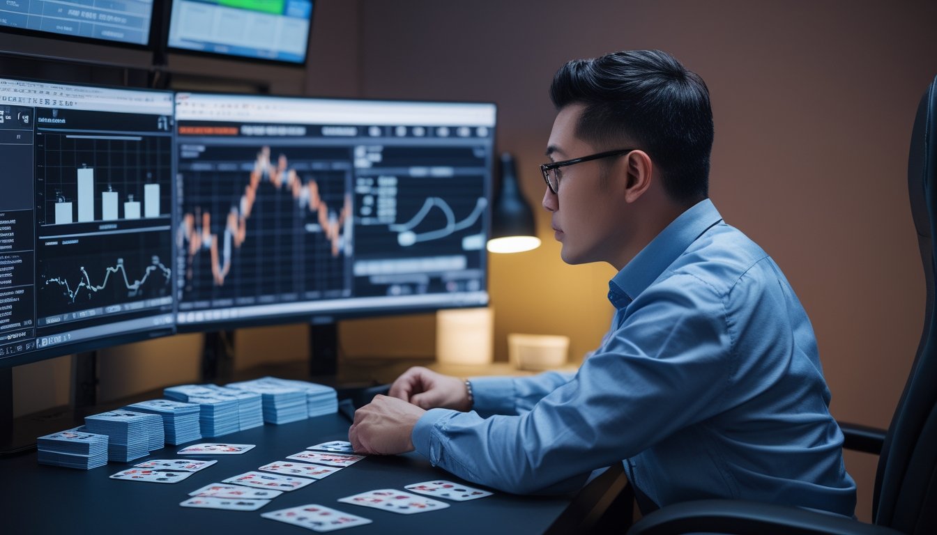 Seorang analis dewasa mempelajari kartu, grafik probabilitas, dan catatan risiko di ruang kerja modern.