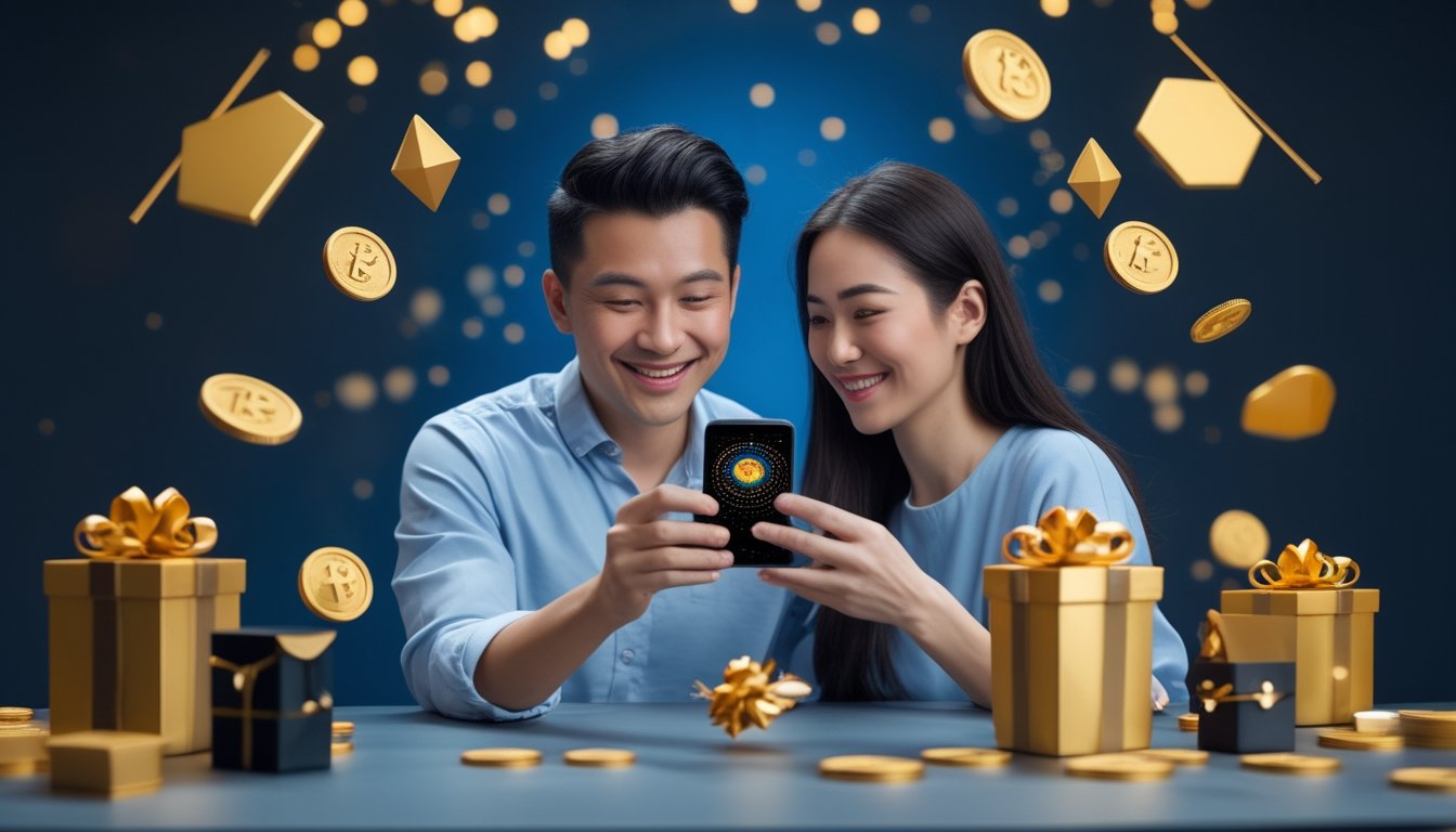 Dua orang dewasa tersenyum sambil melihat ponsel, dikelilingi hadiah emas dan efek cahaya perayaan.