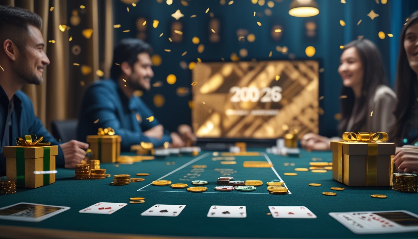 Suasana ruang permainan modern dengan kartu, keping permainan, hadiah, dan hiasan perayaan yang menggambarkan promosi bonus.