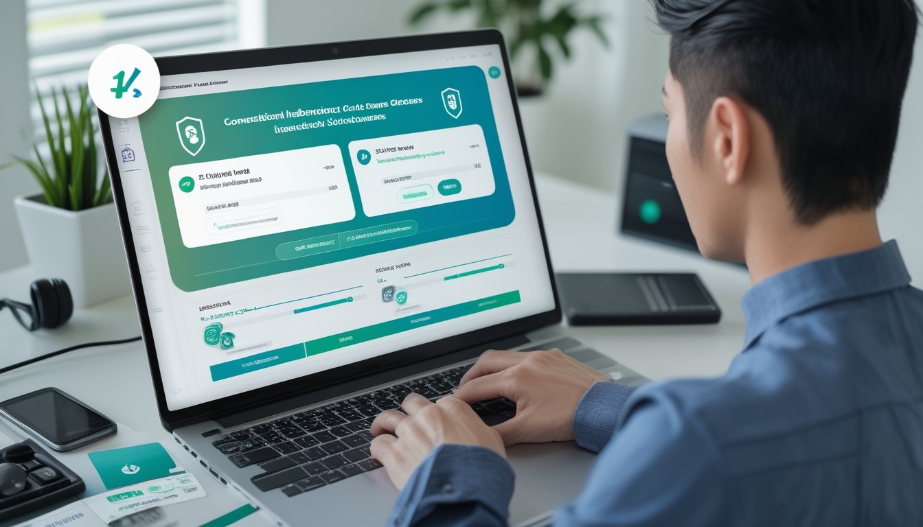 Seseorang menggunakan laptop dan ponsel untuk melakukan transaksi digital yang aman dengan simbol perlindungan dan verifikasi.
