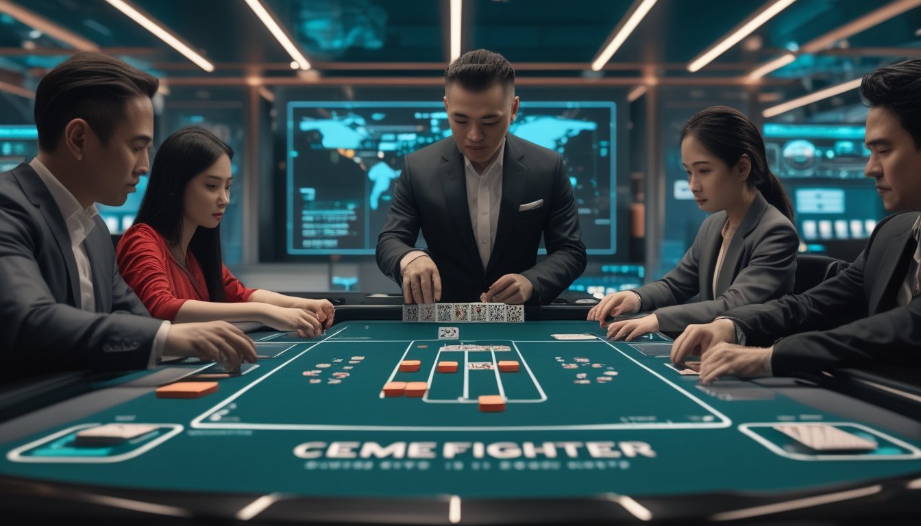 Sekelompok orang dewasa bermain domino di ruang permainan modern dengan elemen teknologi digital futuristis.