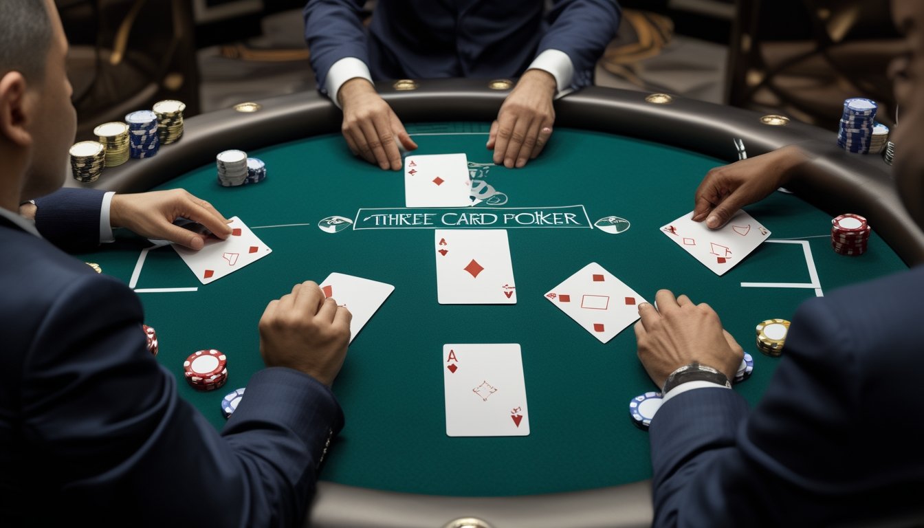 Pemula mempelajari permainan Three Card Poker di meja kasino dengan kartu dan keping taruhan.