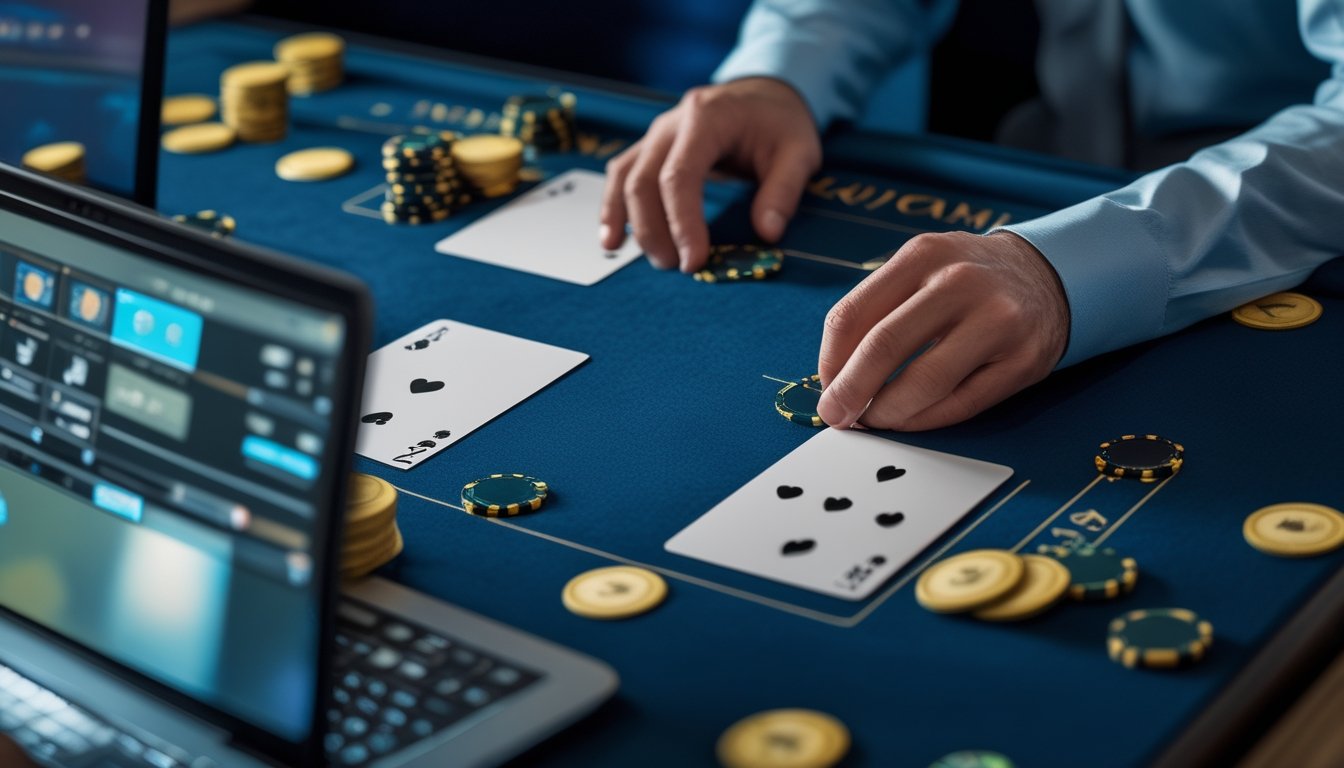 Tangan pemain menata keping taruhan di meja Three Card Poker dengan tiga kartu tertutup dan laptop di latar belakang.