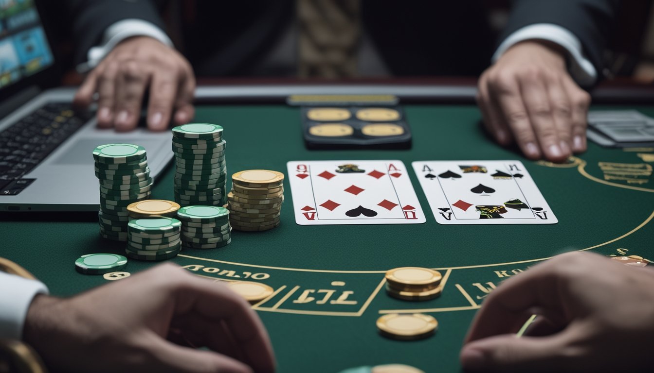 Meja Three Card Poker dengan kartu terbuka, tumpukan chip, tangan dealer, dan buku catatan kosong.
