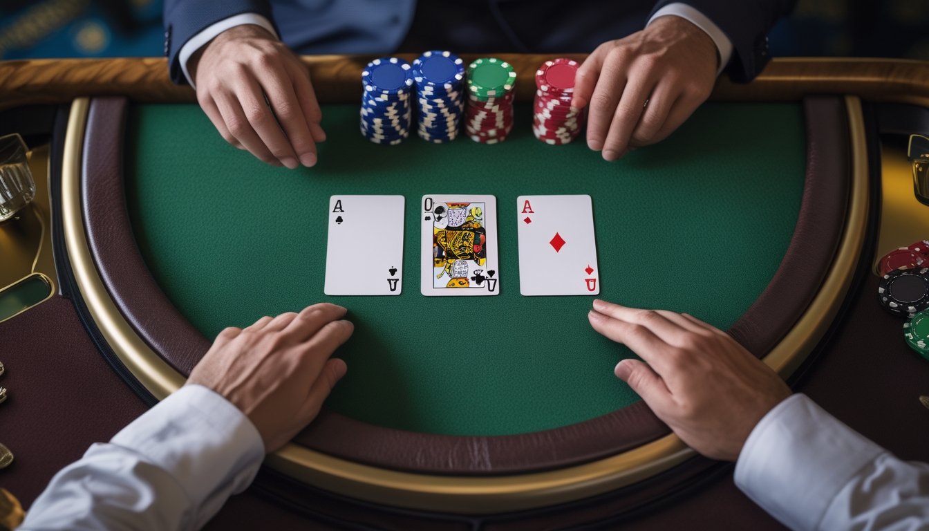 Tangan pemain mengamati tiga kartu di atas meja kasino dengan chip taruhan di sekitarnya.