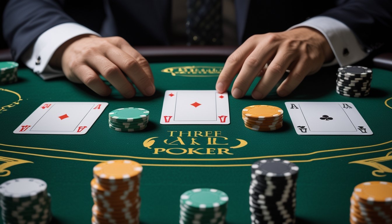Pemain mempertimbangkan penempatan chip di meja Three Card Poker dengan kartu dan dealer di depannya.