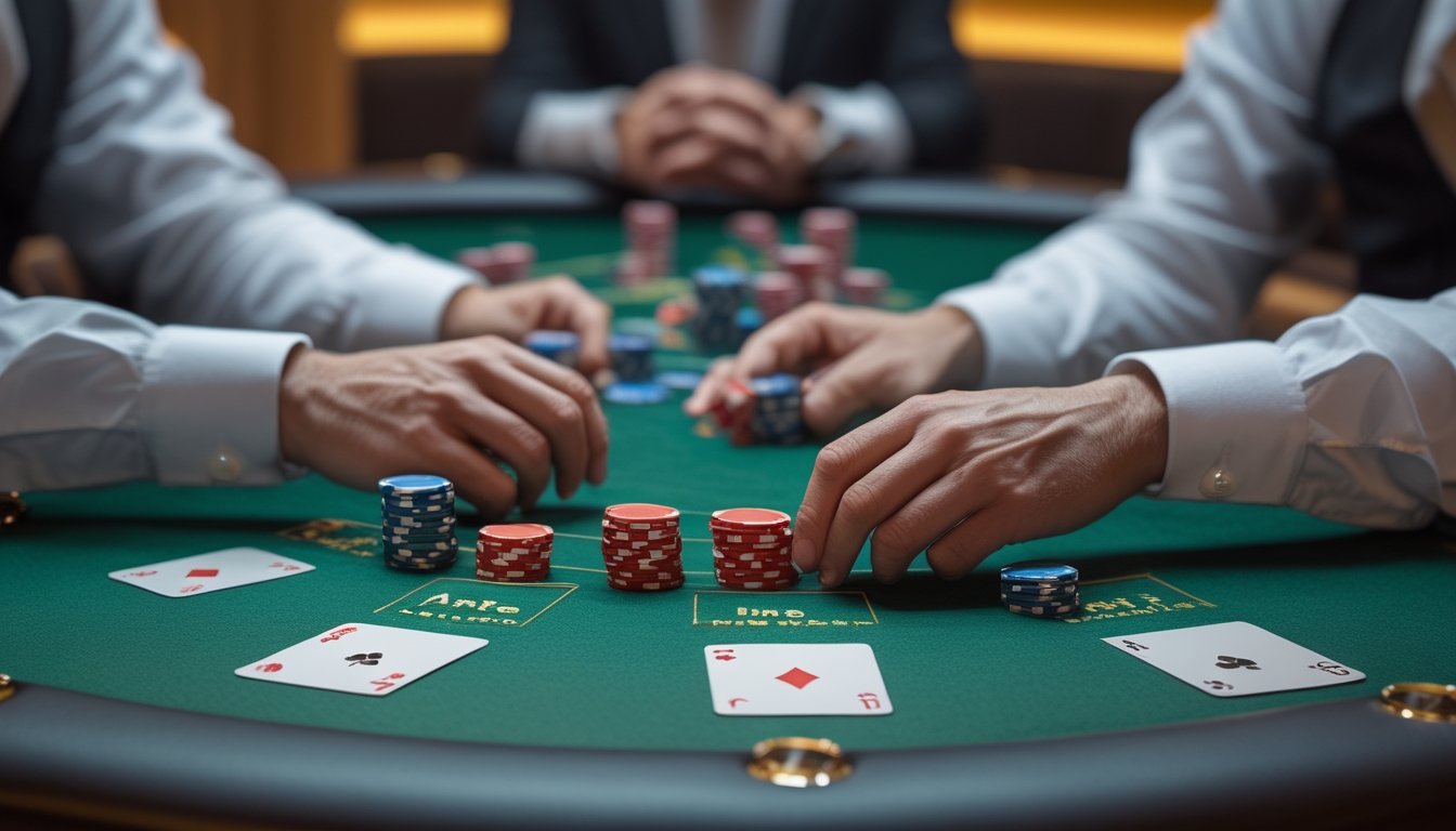 Pemain mempertimbangkan taruhan Ante dan Play di meja Three Card Poker dengan dealer dan kartu tertutup.