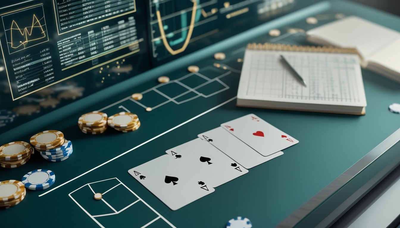 Tiga kartu poker, chip, kalkulator, dan visualisasi analisis peluang di atas meja.