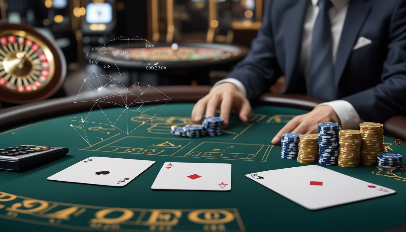 Meja poker dengan kartu tertutup, chip kasino, kalkulator, dan diagram probabilitas.