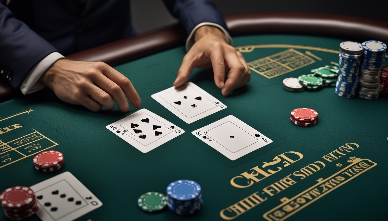 Kartu Three Card Poker dengan sepasang kartu dan chip taruhan sampingan di atas meja kasino.