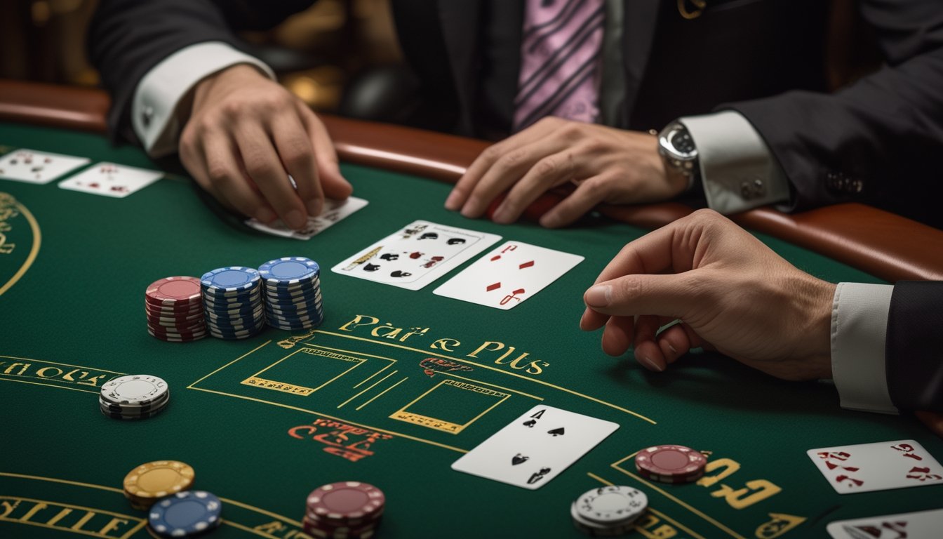 Meja kasino dengan kartu poker yang menampilkan sepasang kartu, keping taruhan, dan tangan dealer.