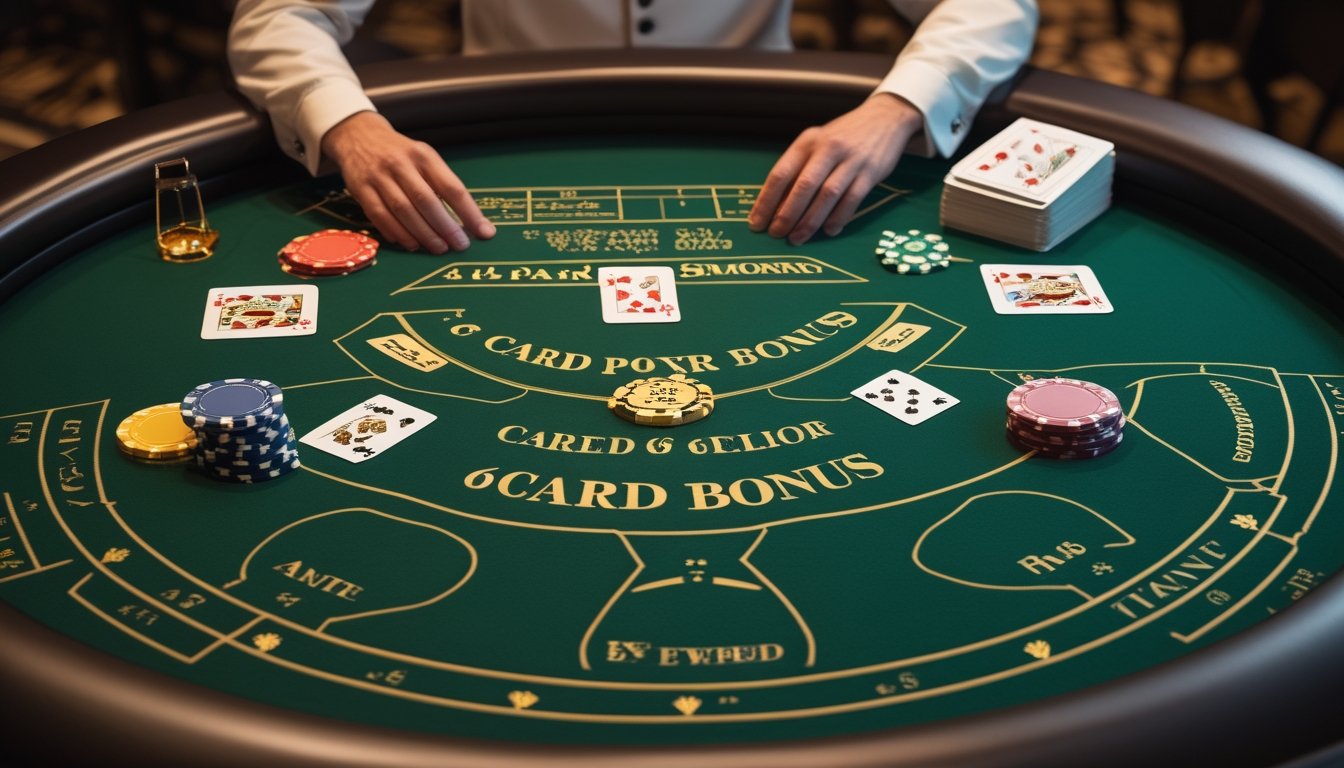 Meja taruhan Three Card Poker dengan kartu, keping kasino, dan area bonus enam kartu.
