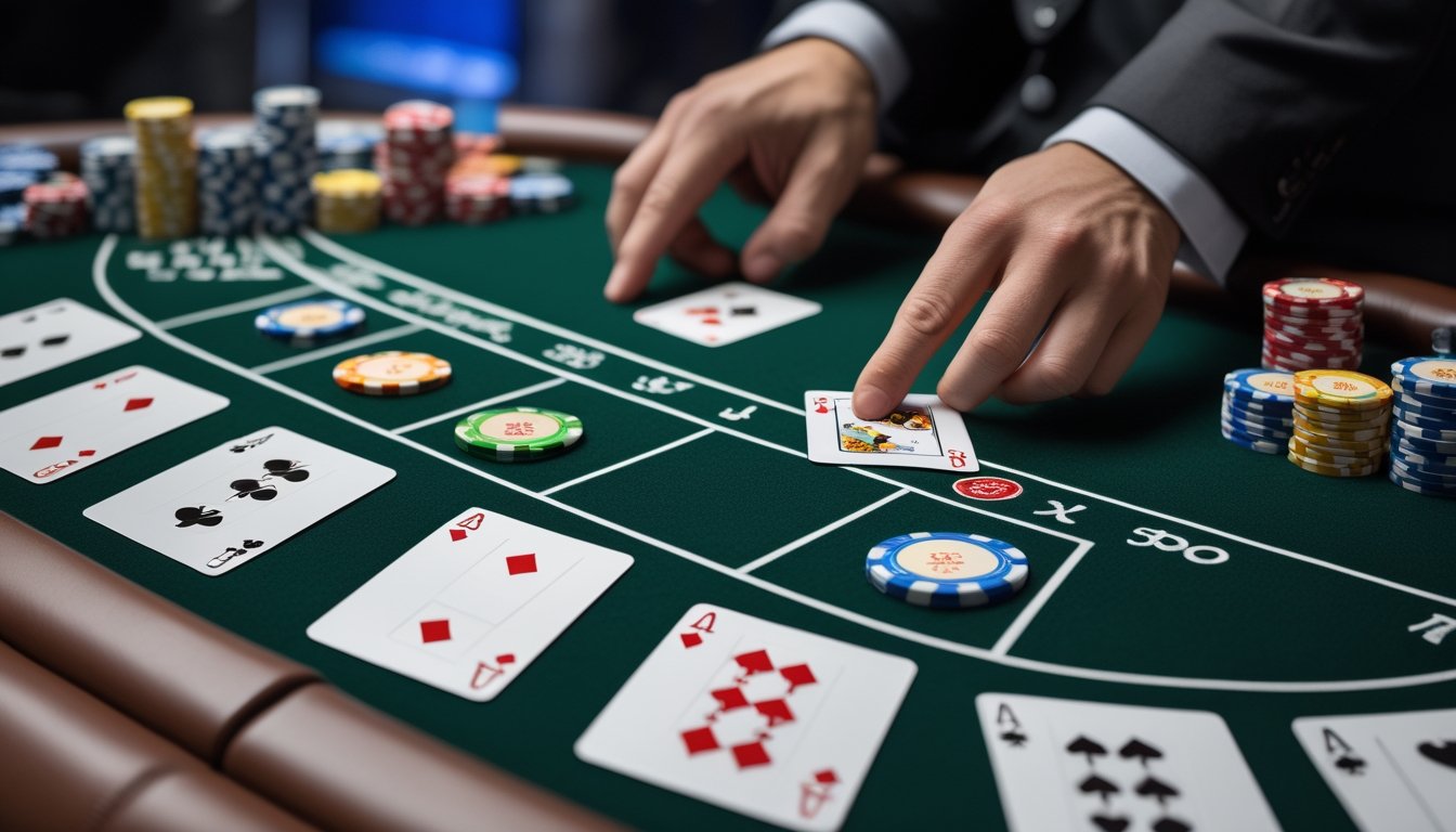 Meja Three Card Poker dengan kartu, keping taruhan, dan area taruhan bonus Six Card.