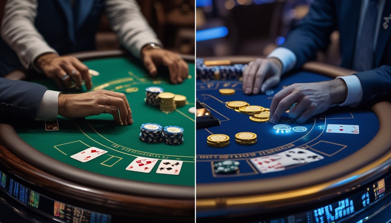 Meja kasino yang membandingkan permainan Three Card Poker tradisional dengan varian modern melalui kartu, keping taruhan, dan suasana klasik serta futuristis.