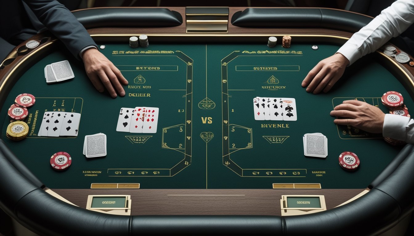 Meja kasino menampilkan perbandingan tata letak permainan Three Card Poker tradisional dan modern dengan kartu serta keping taruhan.