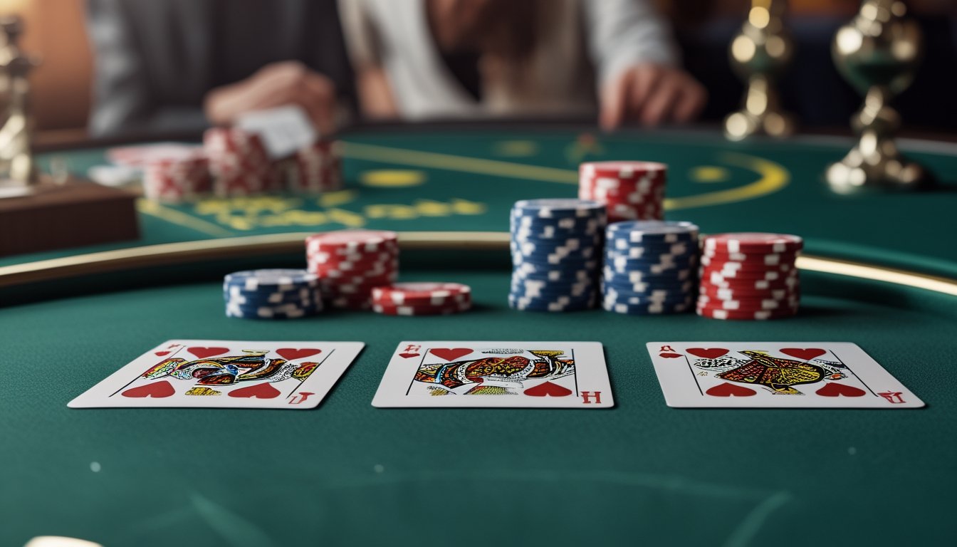 Tiga kartu poker dengan kombinasi tinggi dan keping kasino di atas meja hijau.