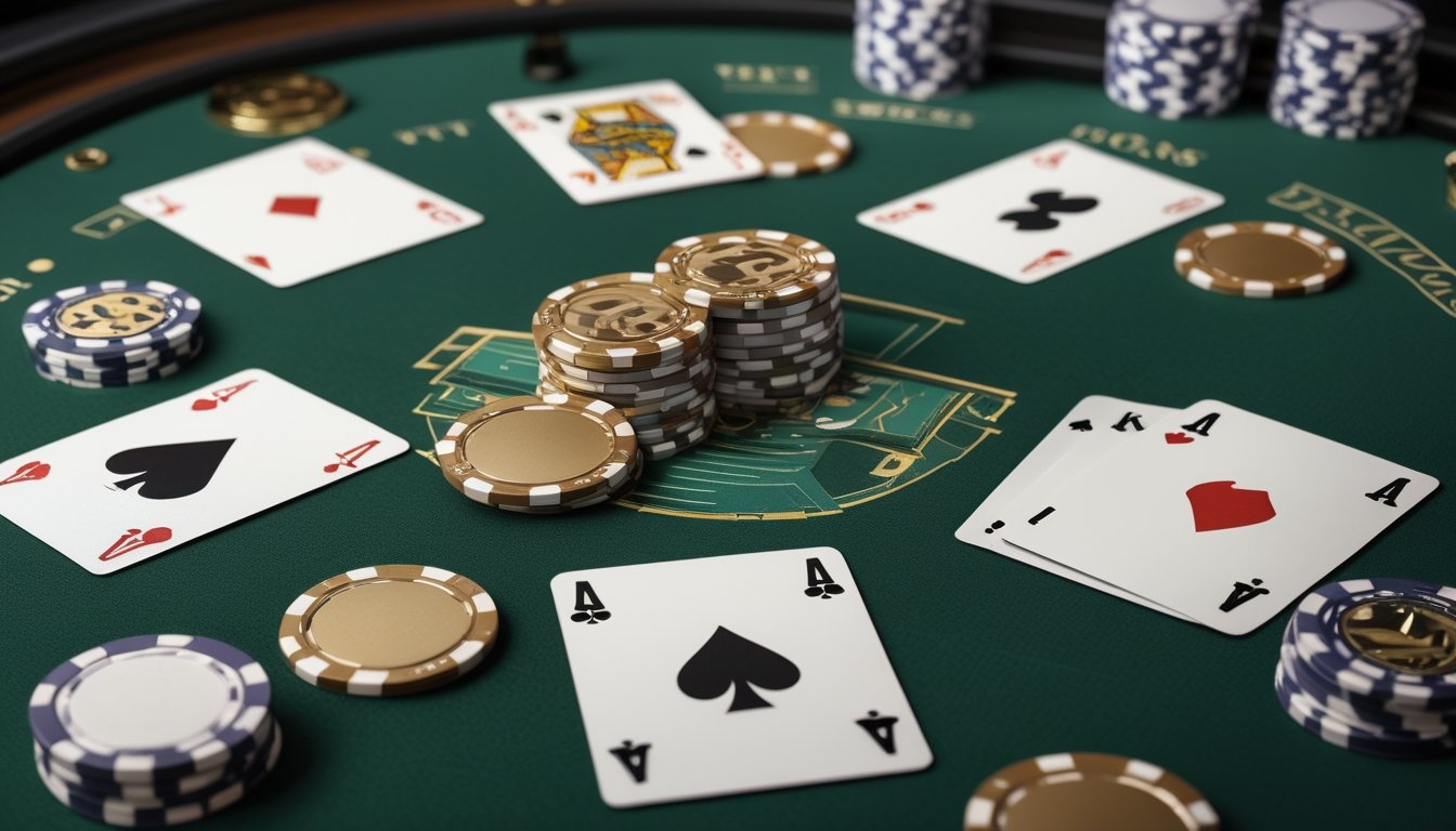 Kartu poker dan keping kasino tersusun di atas meja hijau untuk menggambarkan strategi kombinasi kartu tertinggi.