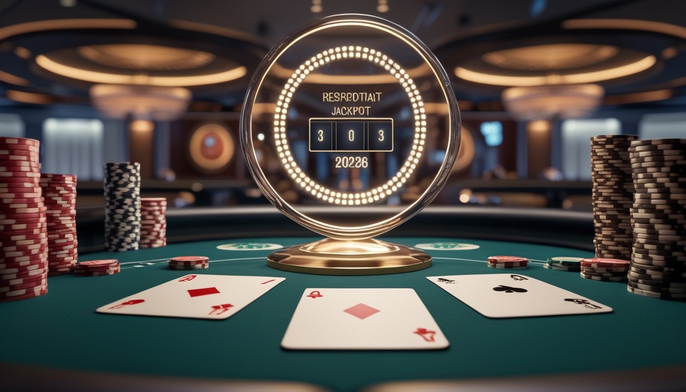 Meja poker dengan tiga kartu, tumpukan chip, dan suasana kasino yang elegan.