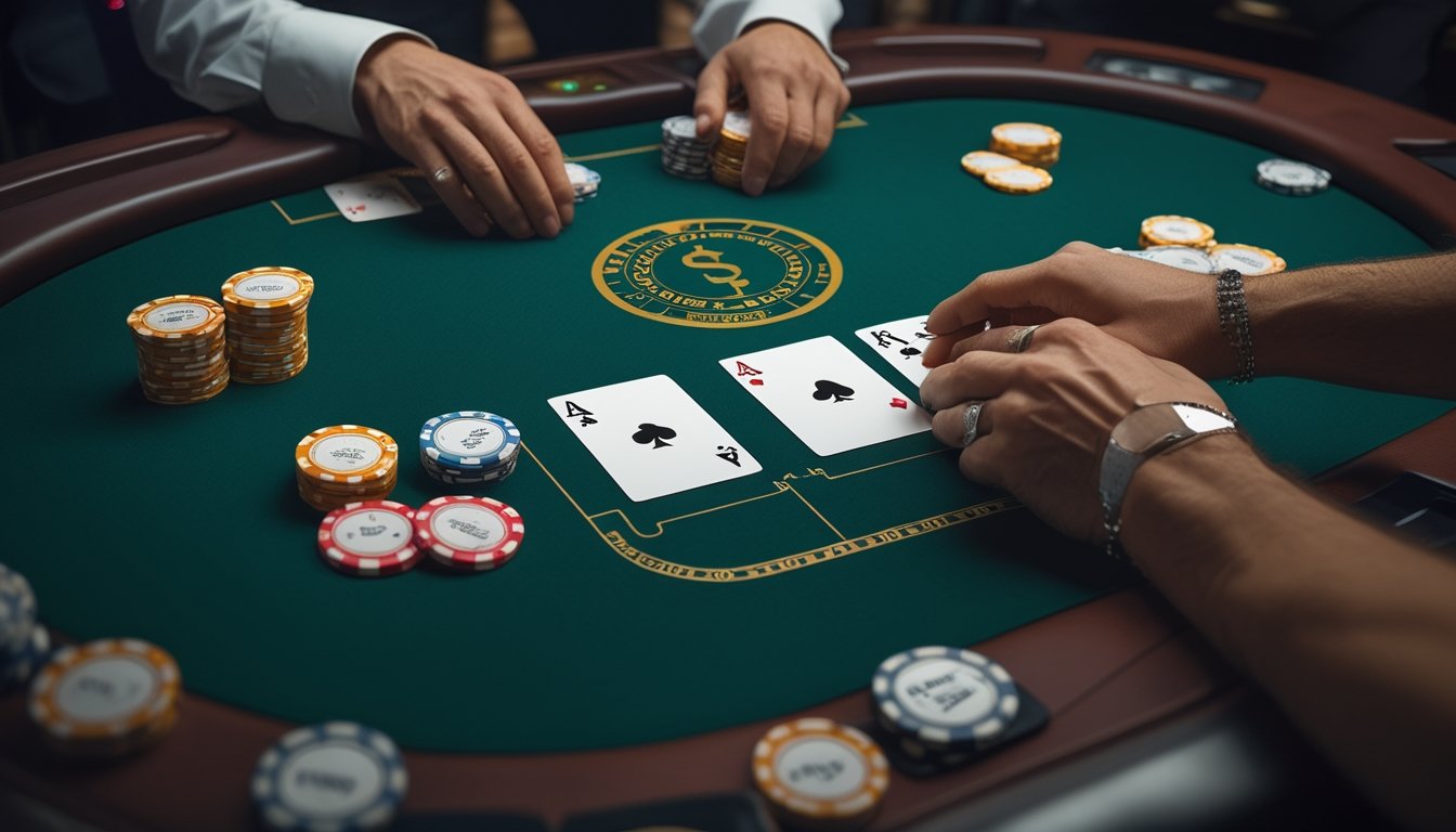 Tiga kartu poker, keping taruhan, dan elemen jackpot progresif di atas meja kasino.