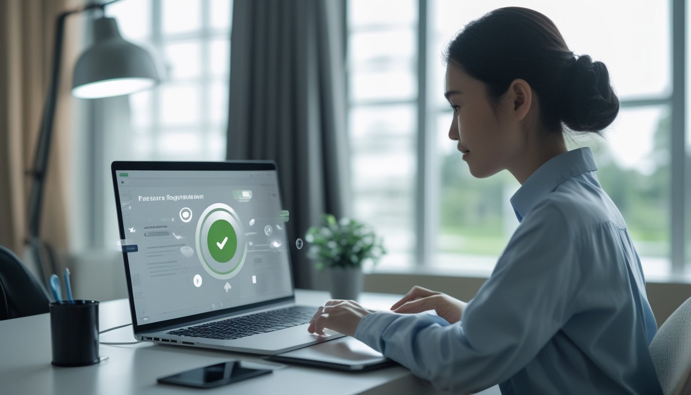 Seseorang mendaftarkan akun secara online menggunakan laptop di ruang kerja modern dengan tanda keamanan dan verifikasi.