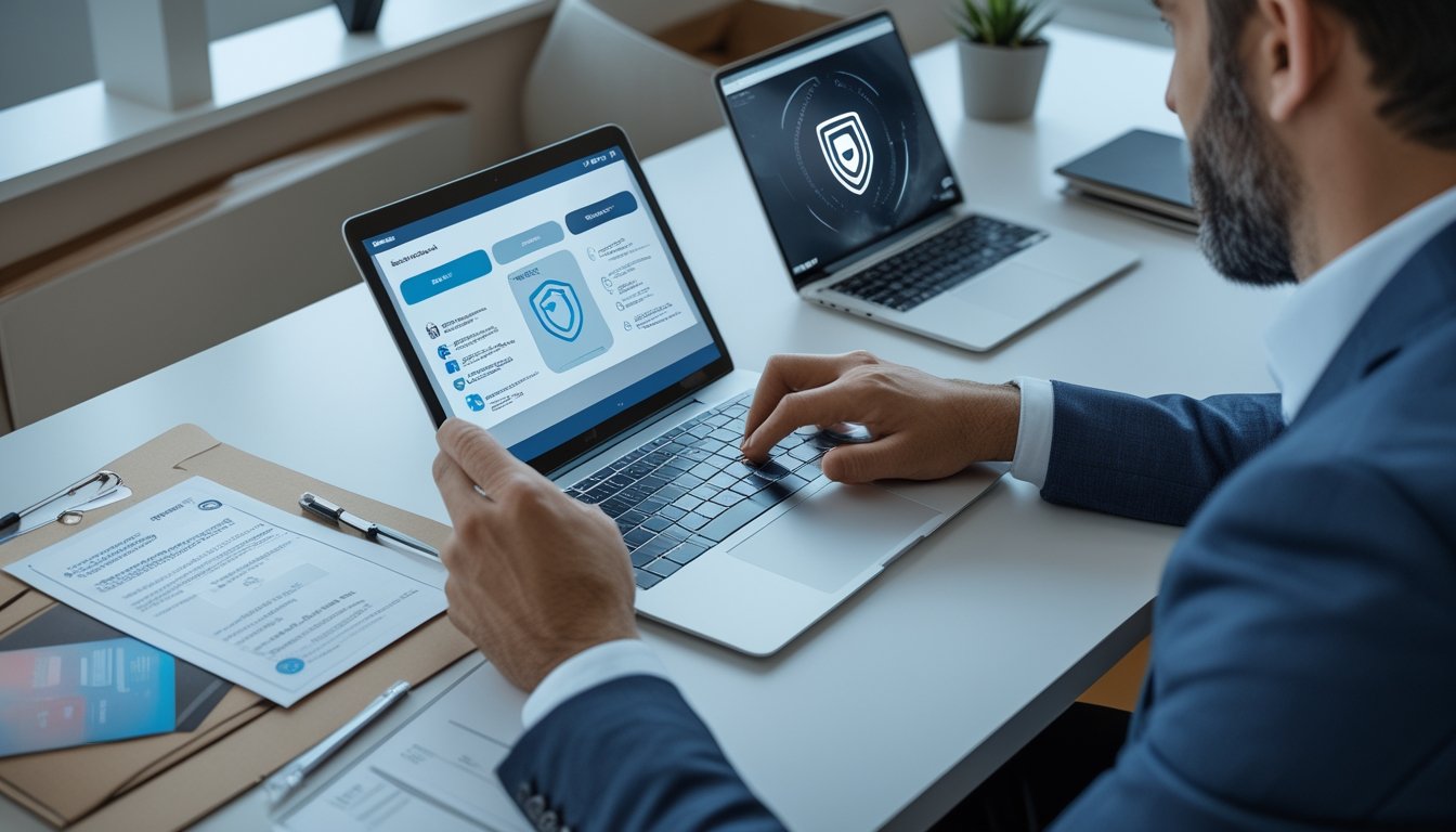 Seorang pengguna memeriksa dokumen identitas dan melakukan verifikasi akun digital di meja kerja menggunakan laptop dan ponsel.