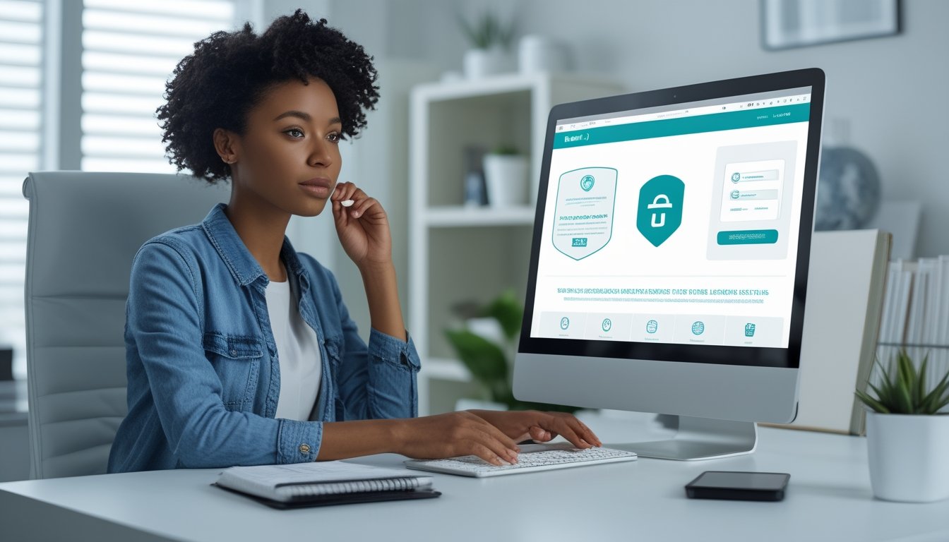 Orang dewasa memeriksa keamanan dan legalitas platform taruhan online melalui laptop dan ponsel di ruang kerja modern.